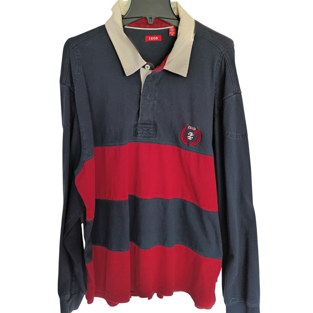 IZOD Mens Long Sleeve Rugby Shirt Navy Blue Red Striped Crest Logo Size 2XL